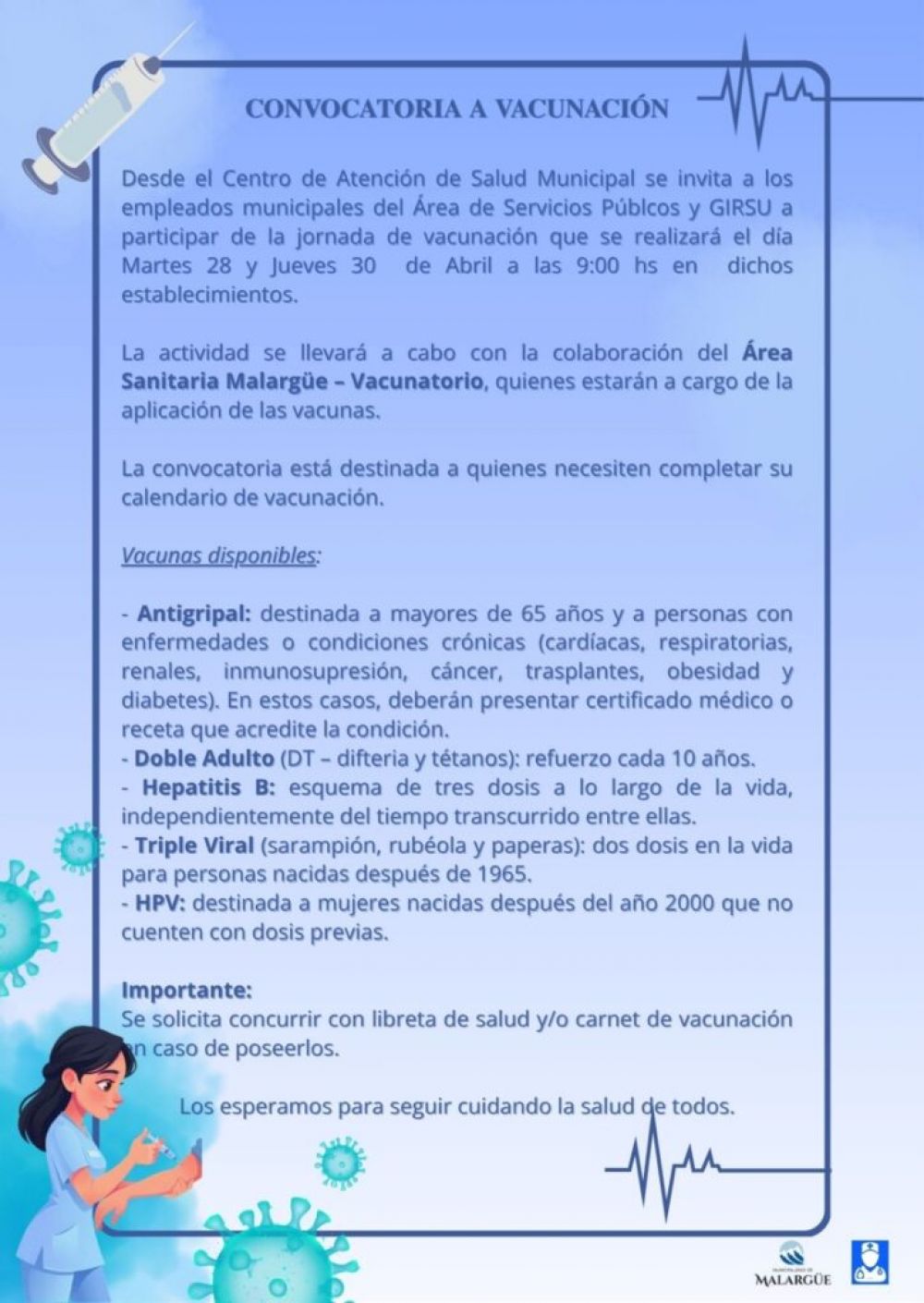 Cuidando la salud de los empleados municipales: Contin�an el calendario de vacunaci�n en Servicios P�blicos y GIRSU