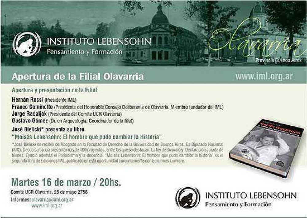 Presentar�n la filial en Olavarr�a del Instituto de Pensamiento y Formaci�n Mois�s Lebensohn