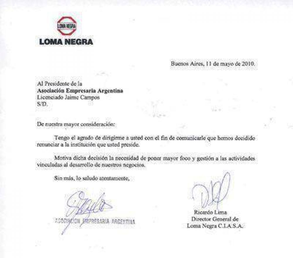 Loma Negra renunci� a la Asociaci�n Empresaria Argentina