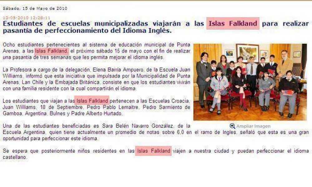  Pol�mica: un diario chileno llama a las Malvinas "Islas Falkland"