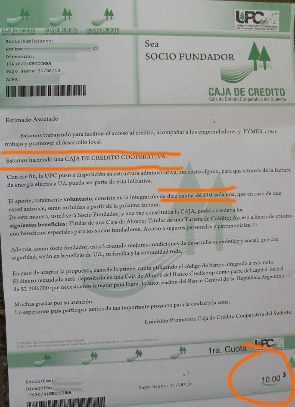  La Usina quiere que pongamos $ 100 c/u para la Caja de Cr�dito Cooperativa