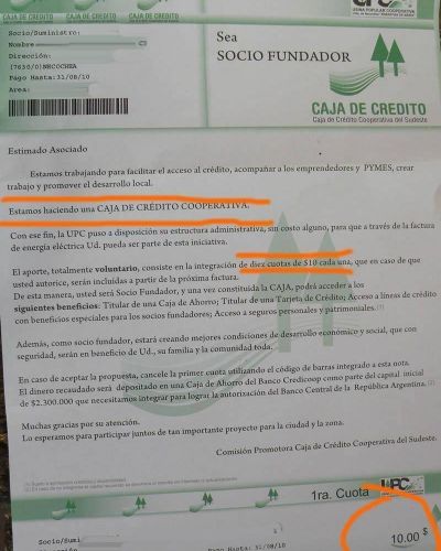  La Usina quiere que pongamos $ 100 c/u para la Caja de Cr�dito Cooperativa