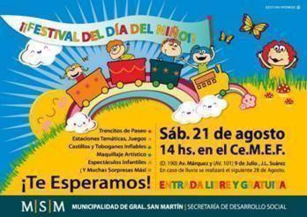 San Martin - ORGANIZA LA SECRETAR�A DE DESARROLLO DE LA COMUNA EL 21 DE AGOSTO EN EL CEMEF, MEGA FESTIVAL POR EL D�A DEL NI�O