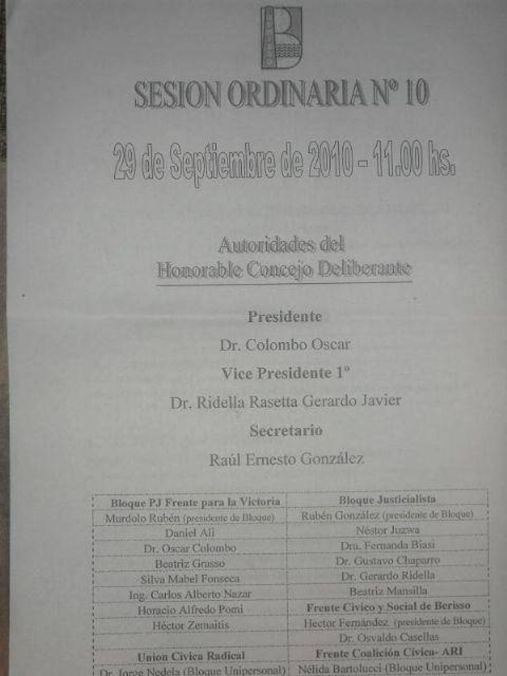  	 Concejo Deliberante de Berisso Se acerca la d�cima sesi�n ordinaria