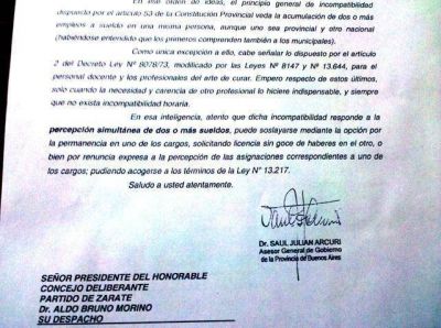 Debe renunciar a la dieta, pero seguir� cobrando igual La Provincia desminti� a Morino en el caso Bassi: hay incompatibilidad de cargos
