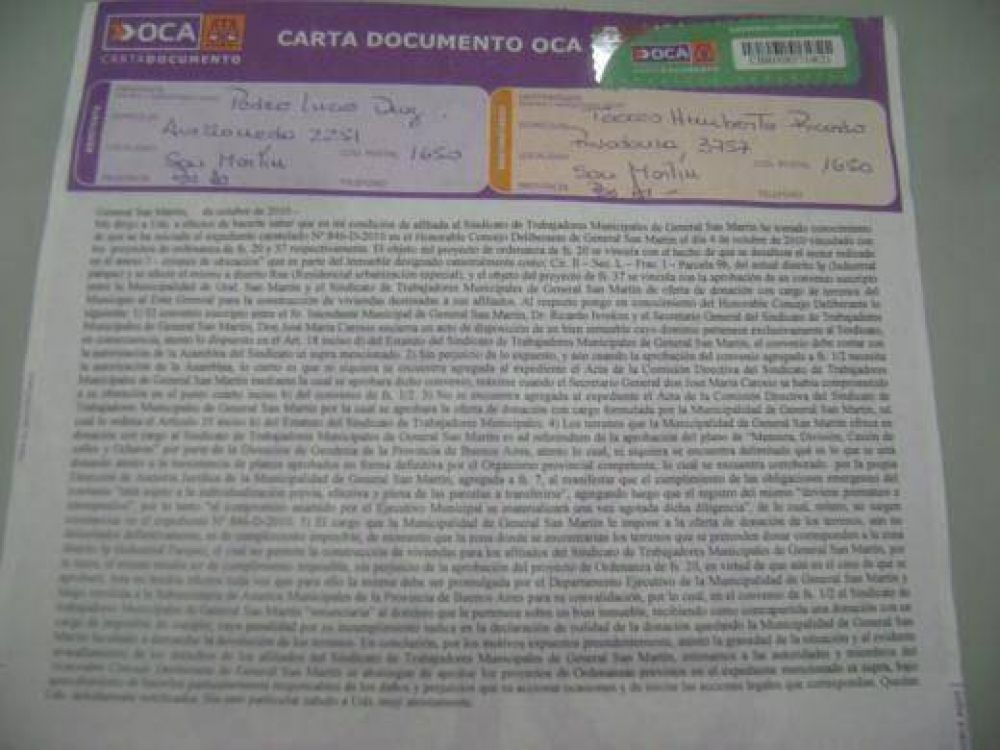 Viviendas para trabajadores municipales Una carta documento pone en duda el voto de algunos concejales