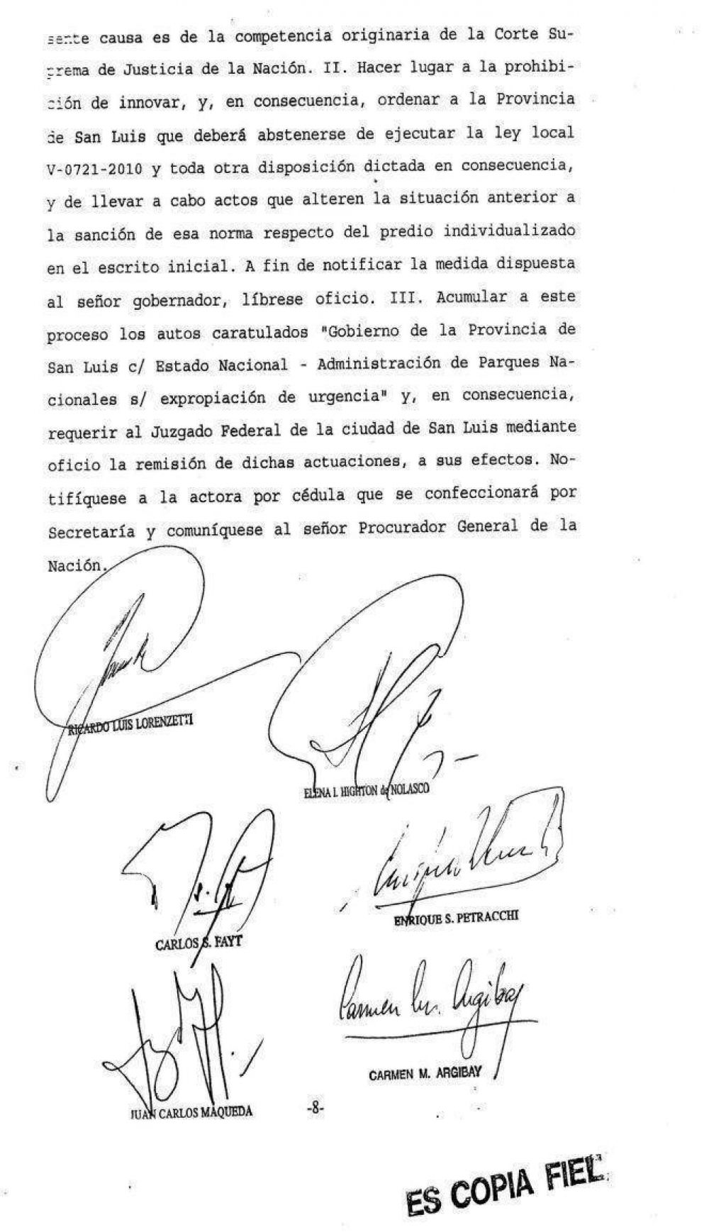 �LTIMO MOMENTO: LA CORTE SUPREMA EMITI� MEDIDA DE NO INNOVAR EN EL TEMA DE SIERRA DE LAS QUIJADAS