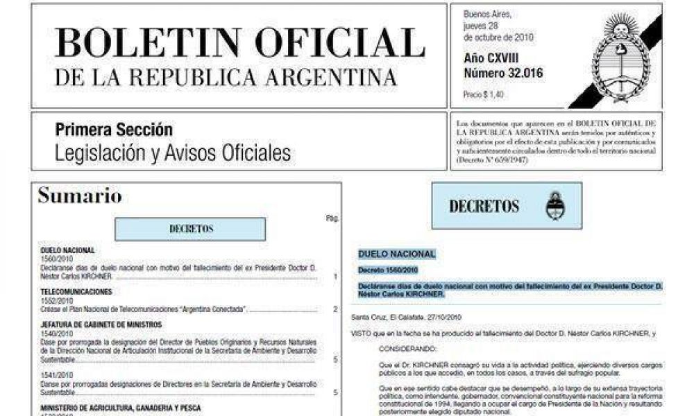 Oficial: tres d�as de duelo por el fallecimiento del ex Presidente