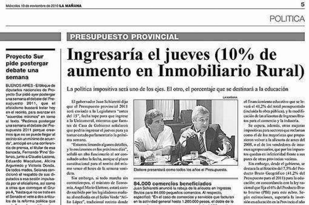 Schiaretti env�a hoy el Presupuesto que prev� $ 2.000 M para obras p�blicas