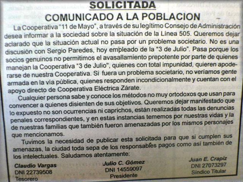 Grave acusacion contra las cooperativas "3 de Julio" y "El�ctrica"