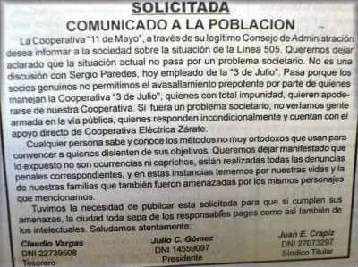 Grave acusacion contra las cooperativas "3 de Julio" y "El�ctrica"