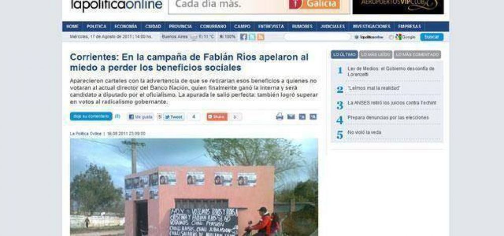 Medios de Buenos Aires culpan a Fabi�n R�os por el voto miedo a los k en Corrientes