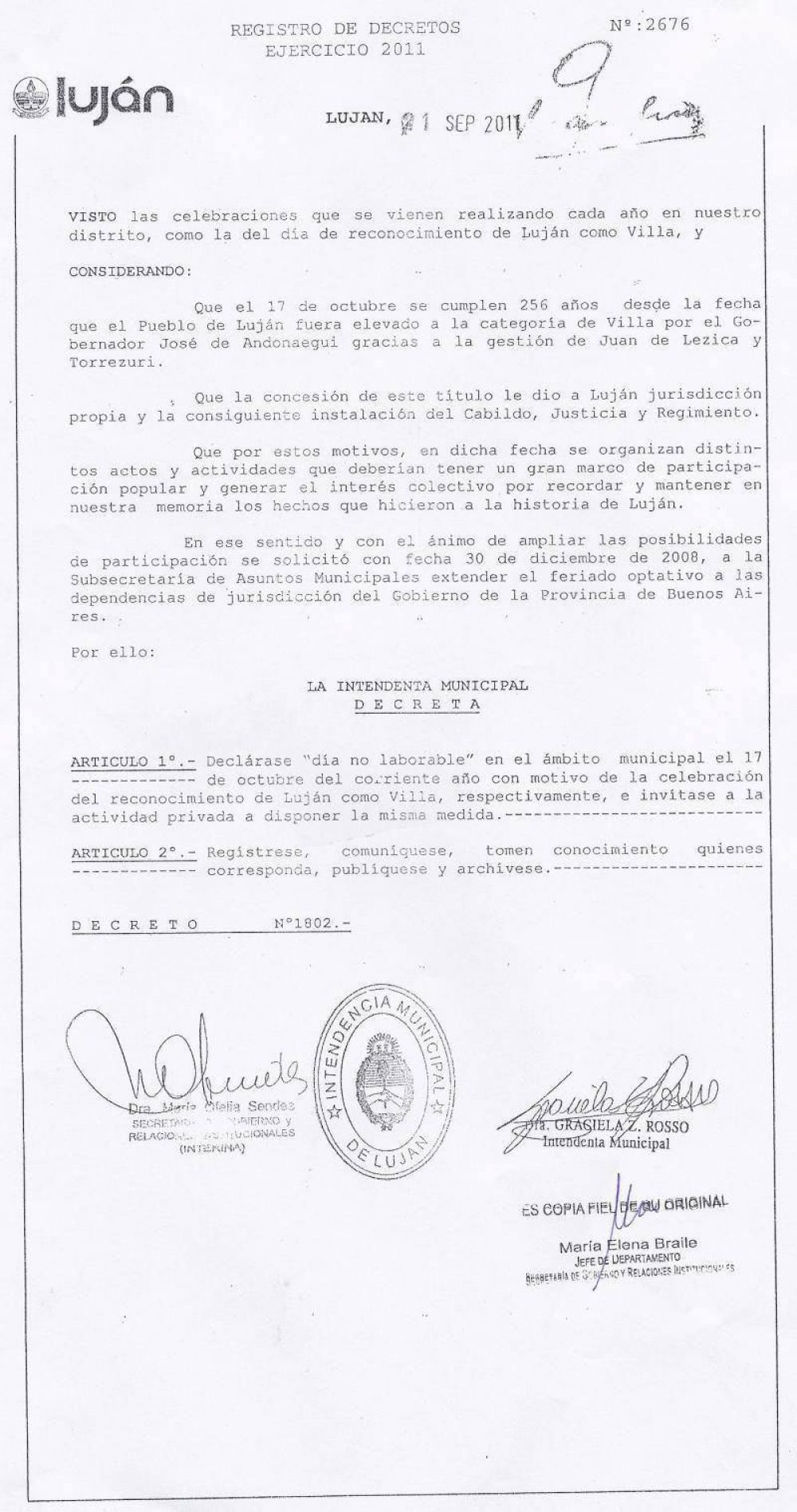 EL PROXIMO 17 DE OCTUBRE SE RECORDARA EL DIA EN QUE  LUJAN FUE RECONOCIDA COMO VILLA, EN EL A�O 1755