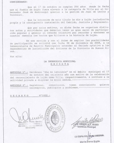 EL PROXIMO 17 DE OCTUBRE SE RECORDARA EL DIA EN QUE  LUJAN FUE RECONOCIDA COMO VILLA, EN EL A�O 1755