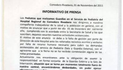 Renunciaron los pediatras de la terapia intensiva infantil del hospital regional de Comodoro