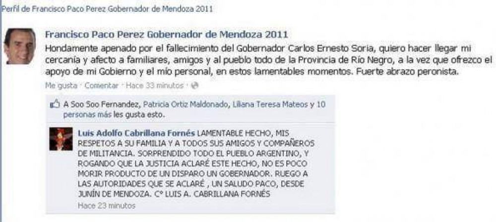 V�a Facebook, Paco P�rez lament� la muerte de Soria