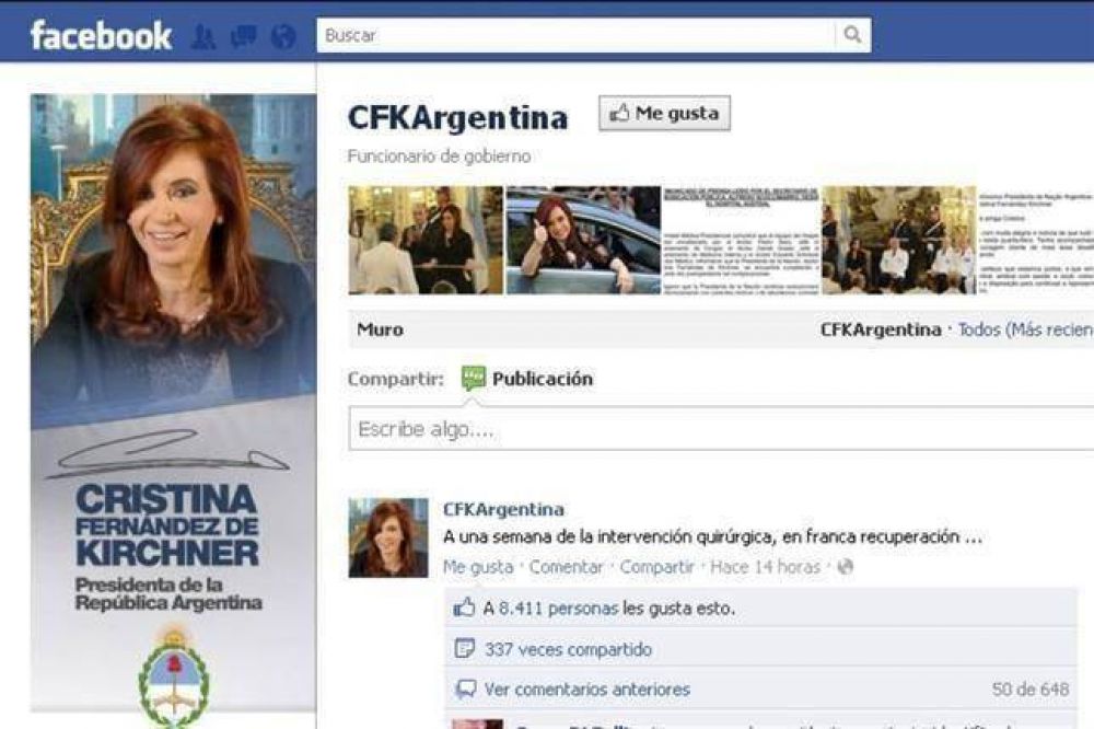 "A una semana de la intervenci�n, en franca recuperaci�n", escribi� Cristina en Facebook
