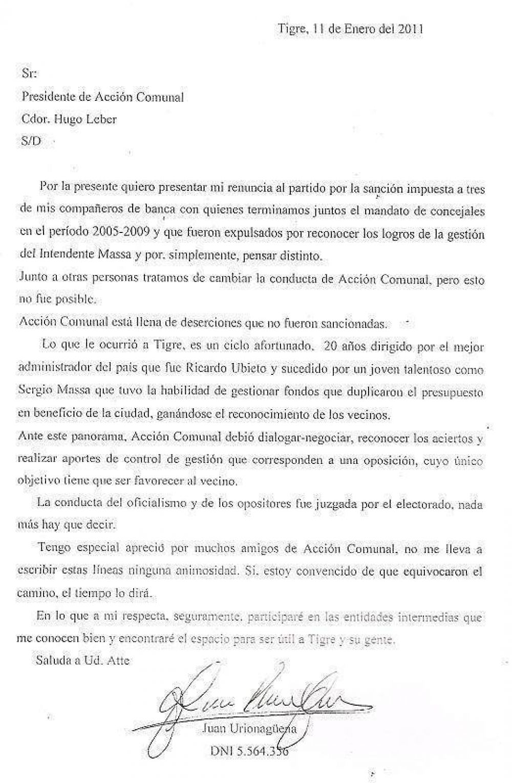 El ex Concejal Urionaguena renunci� a Acci�n Comunal