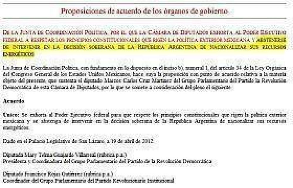 Congreso mexicano exhort� a Calder�n a "no intervenir" en la expropiaci�n de YPF