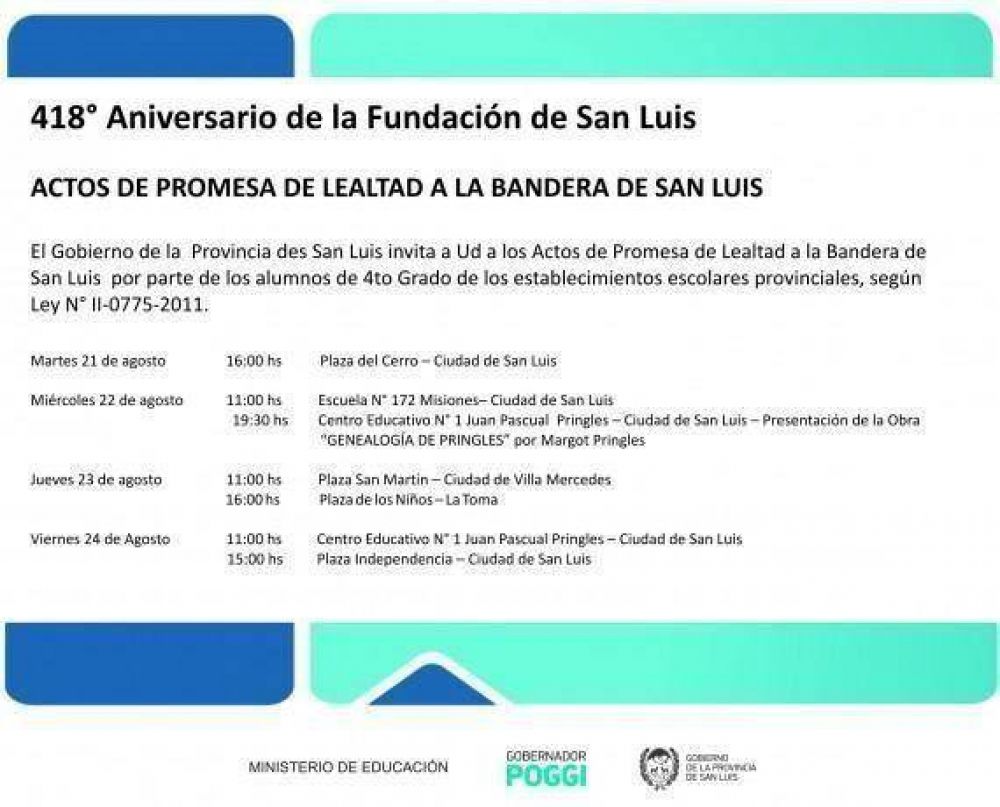 M�s de 3000 alumnos puntanos realizar�n la promesa a la bandera de la provincia de San Luis