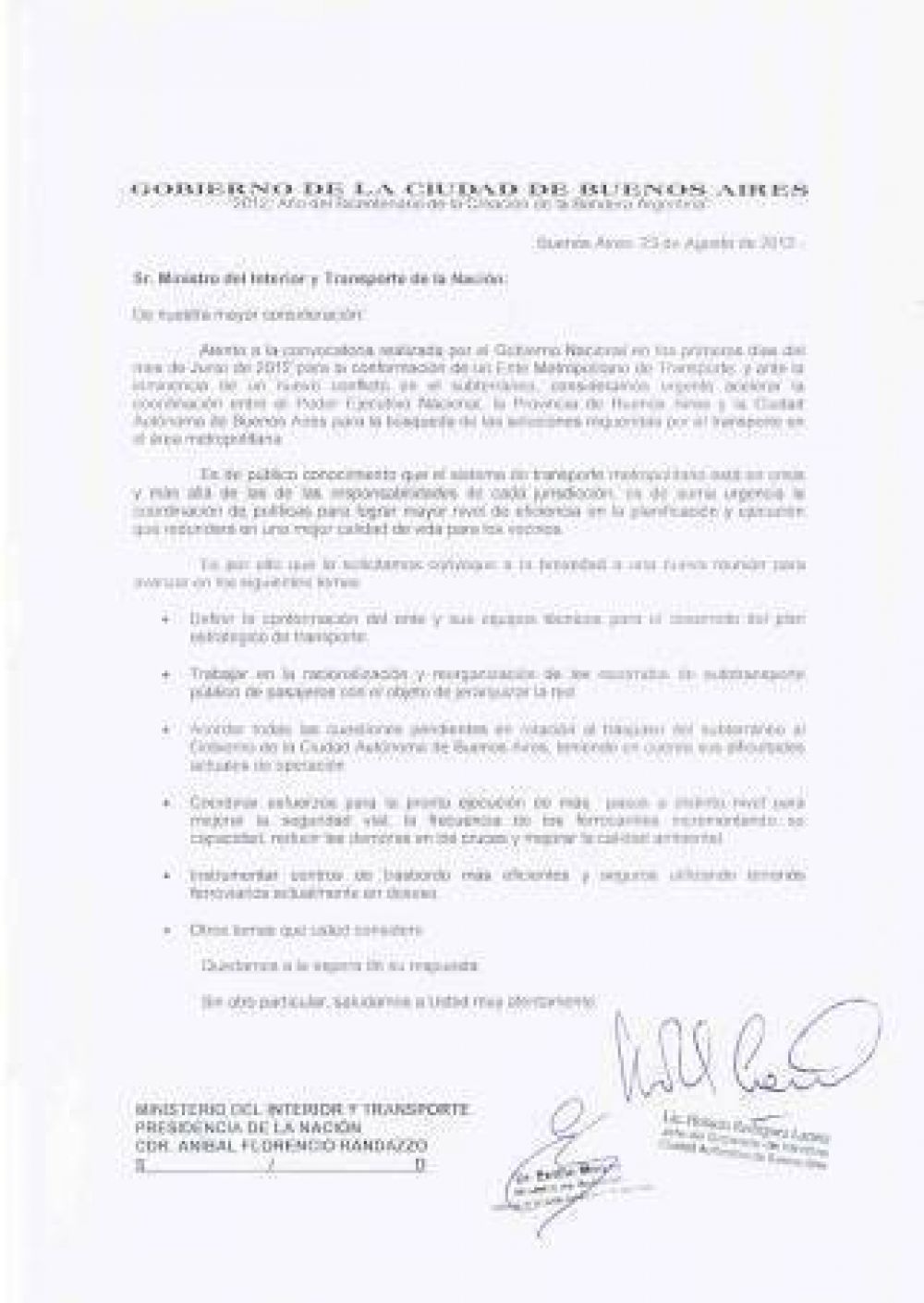 Larreta le pidi� una reuni�n a Randazzo para acordar el traspaso del subte