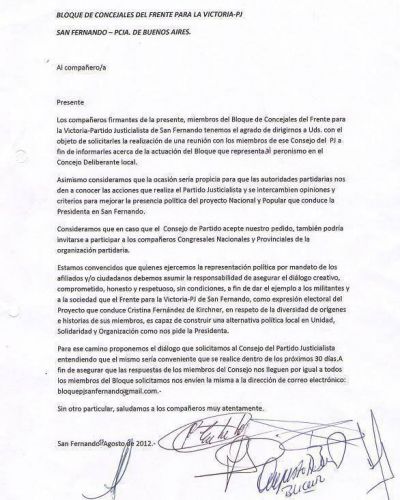 El bloque del FPV de San Fernando quiere di�logo dentro del Peronismo