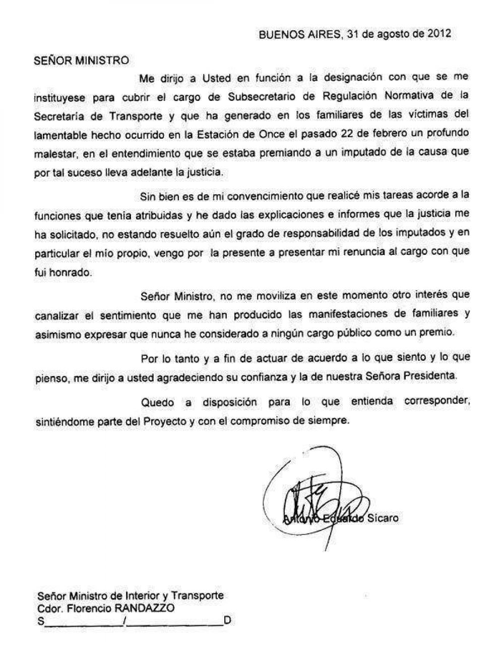 Renunci� S�caro, el funcionario investigado por la tragedia de Once