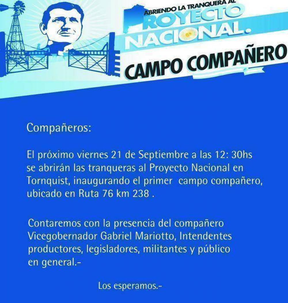 El vice gobernador Gabriel Mariotto llega a Tornquist este viernes