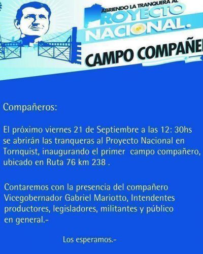 El vice gobernador Gabriel Mariotto llega a Tornquist este viernes