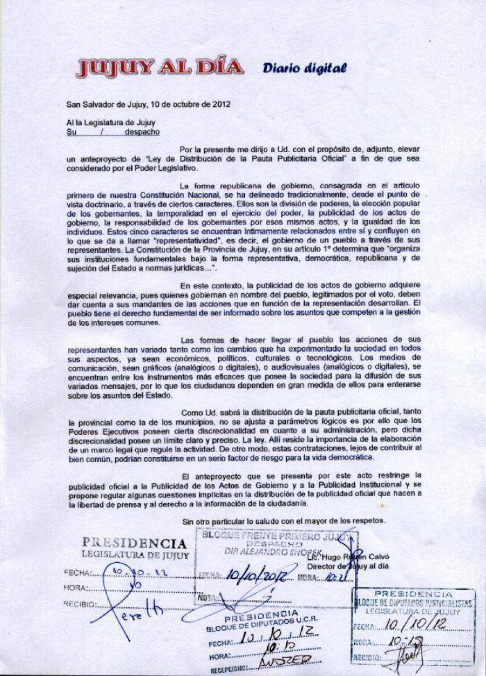 Jujuy: Promueven en la legislatura un proyecto de Ley que �Regule la Distribuci�n de la Pauta Publicitaria Oficial�