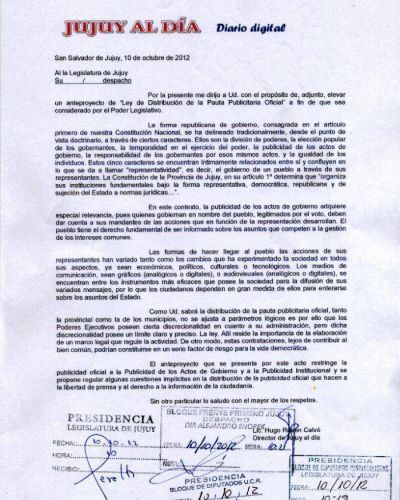 Jujuy: Promueven en la legislatura un proyecto de Ley que �Regule la Distribuci�n de la Pauta Publicitaria Oficial�
