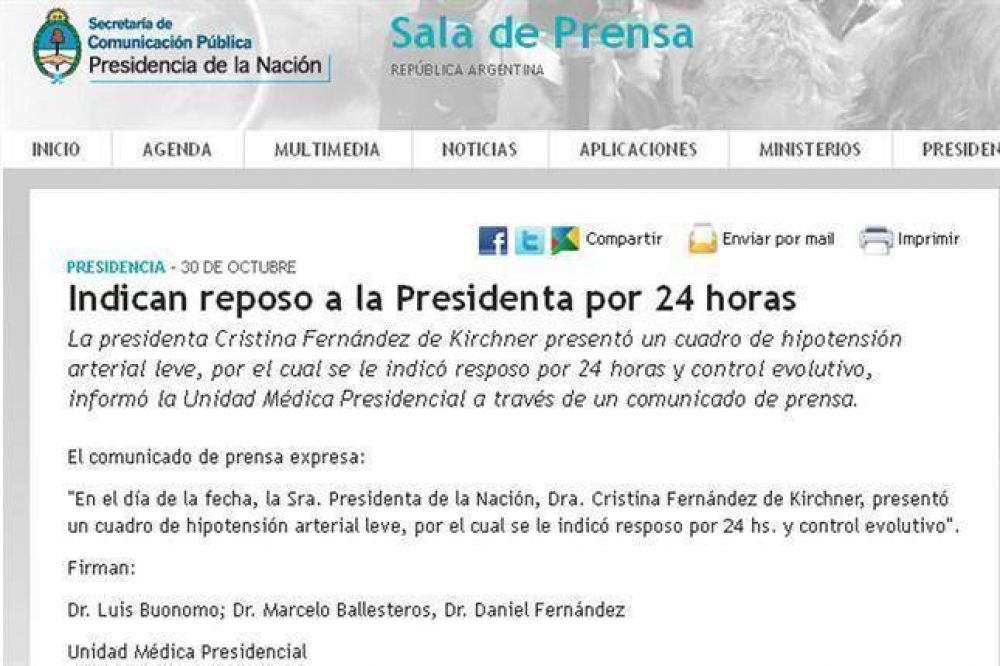 Cristina Kirchner sufri� un "leve" cuadro de "hipotensi�n"