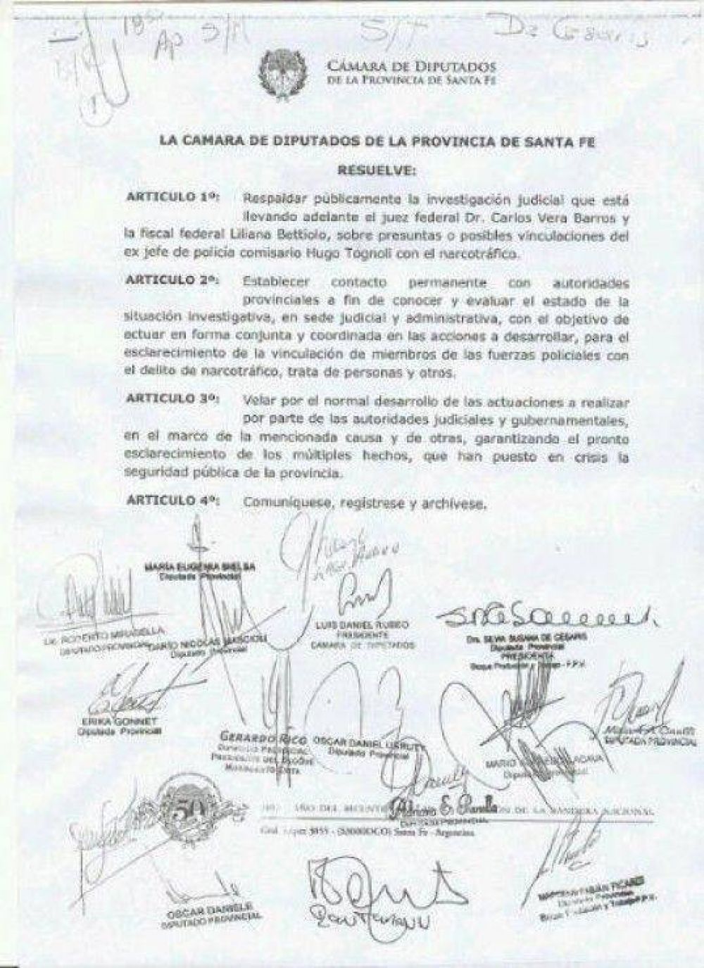 El socialismo no quiso firmar un documento para apoyar la investigaci�n a Tognoli