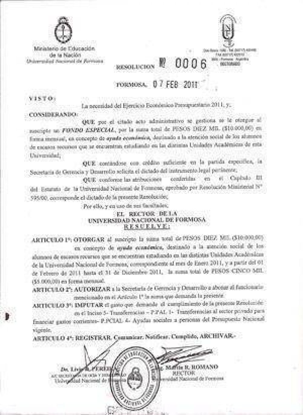  UNaF: El rector se otorga a s� mismo $65.000 anuales