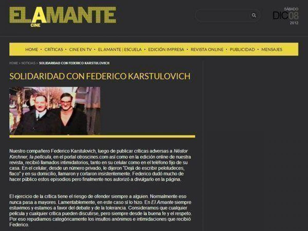 Denuncian amenazas a periodista por su crtica de la pelcula de Nstor Kirchner