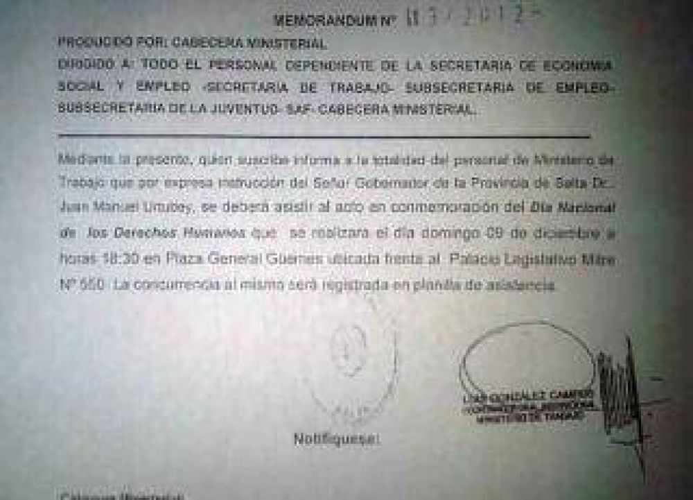 Salta: con un memor�ndum, Urtubey oblig� a empleados p�blicos a concurrir a un acto