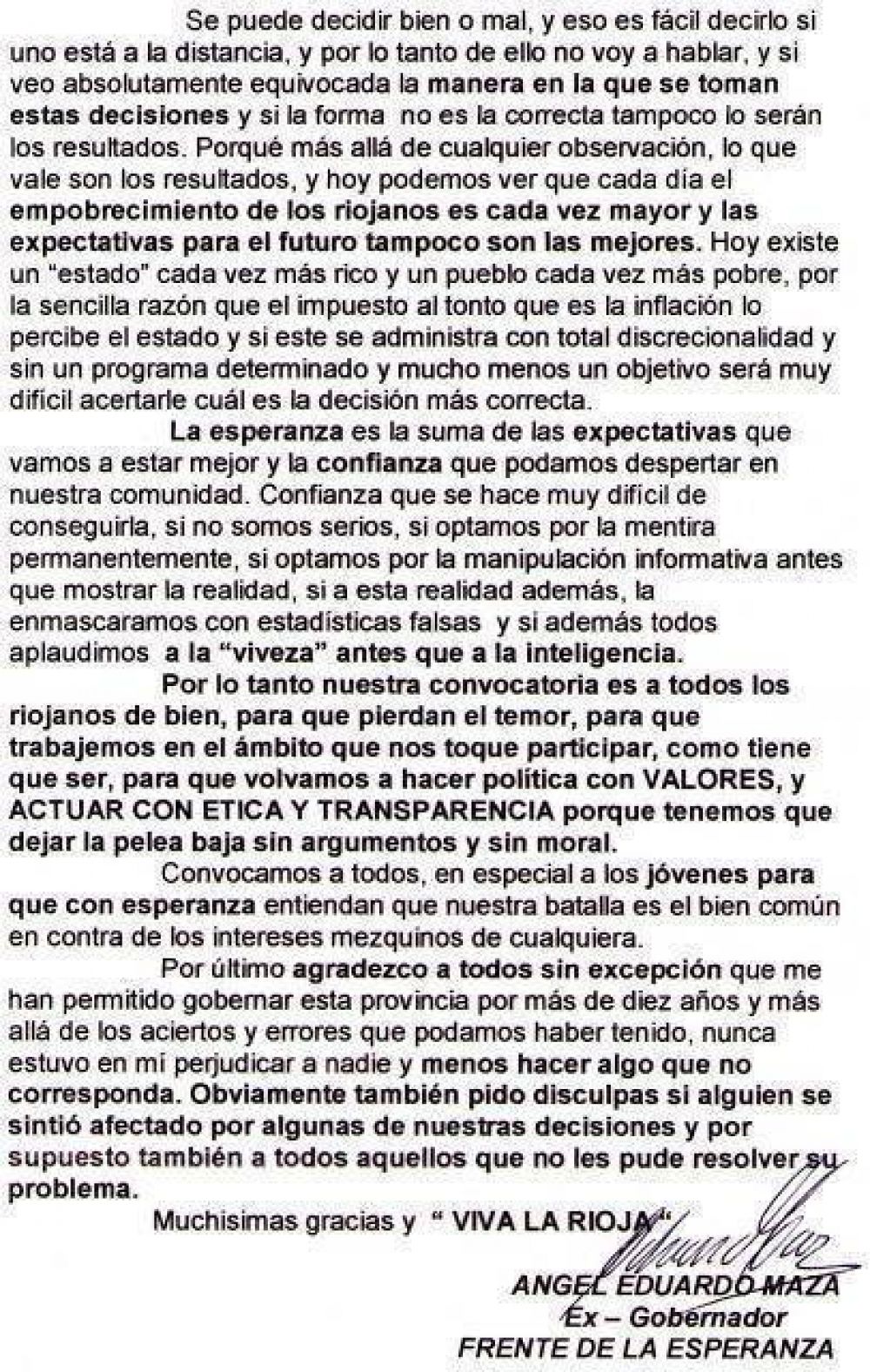 A dos a�os de su destituci�n, Maza embisti� contra Beder y el gobierno.