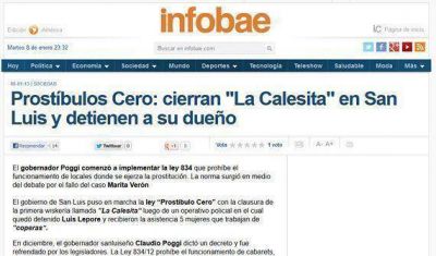 Infobae destaca la aplicaci�n de la Ley que proh�be el funcionamiento de cabarets, wisker�as y prost�bulos