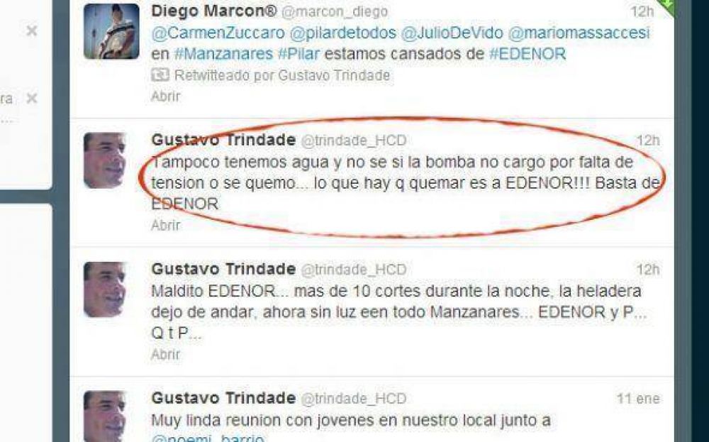 Enojado por los cortes, un concejal dispar�: �Hay que quemar a #EDENOR�