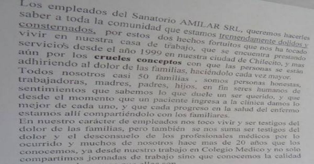 Carta abierta de trabajadores del Sanatorio Amilar
