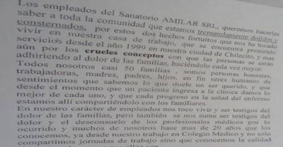 Carta abierta de trabajadores del Sanatorio Amilar