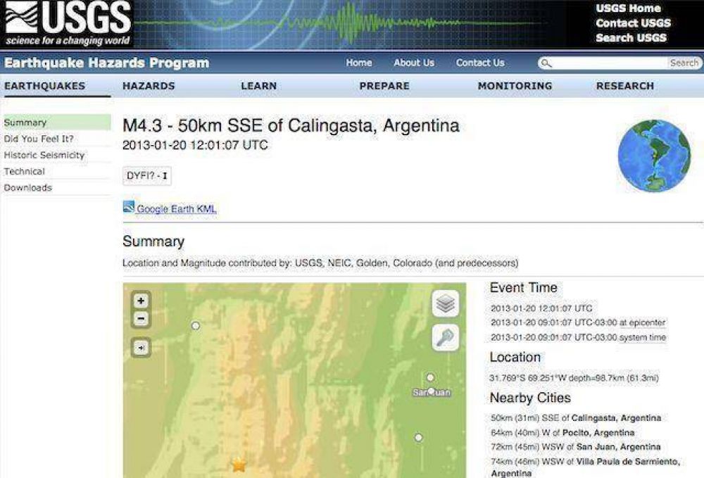 Sismo cerca de Calingasta