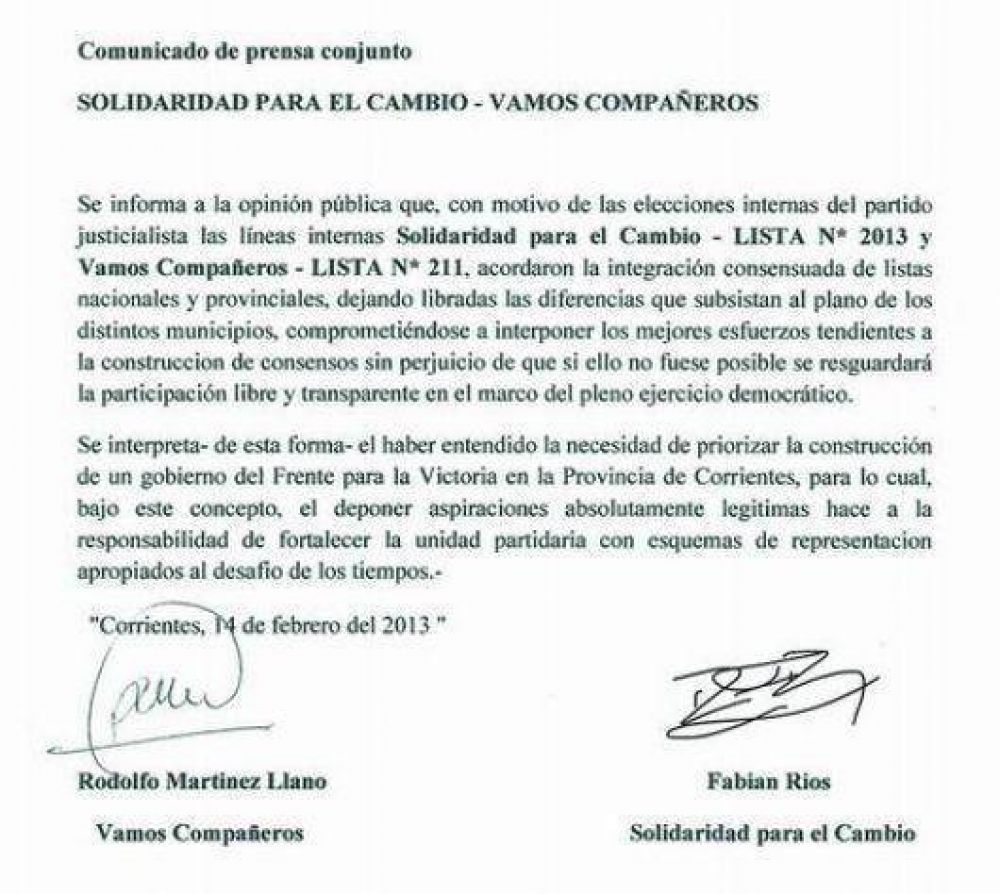 La c�pula del Partido Justicialista acord� con Vamos Compa�eros