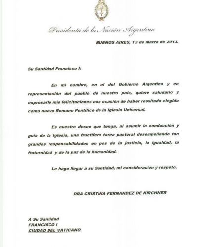 Cristina Fernandez de Kirchner : "A Su Santidad Francisco I" 