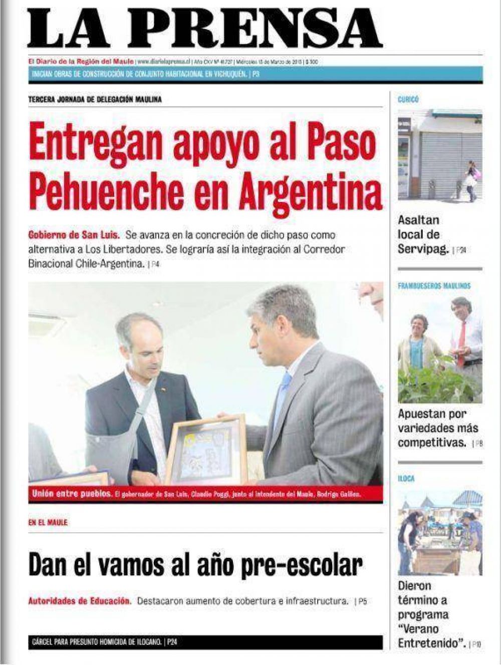 El Diario de la Regi�n del Maule destaca el respaldo de San Luis al Paso Pehuenche