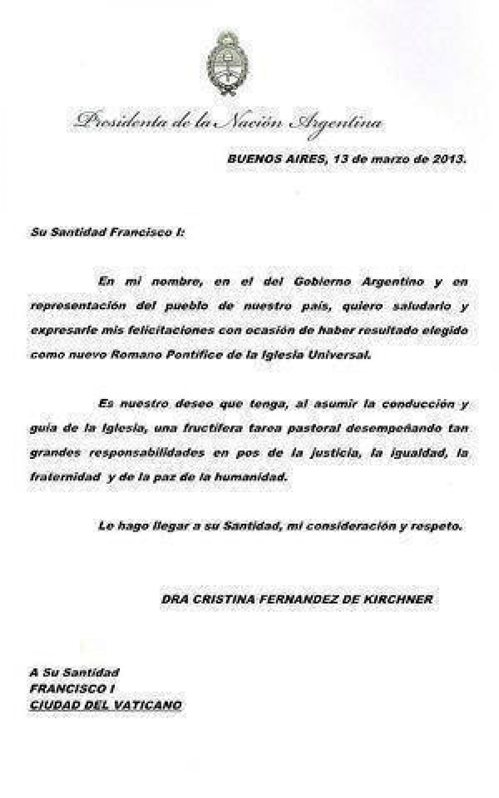 Cristina salud� por carta a Bergoglio