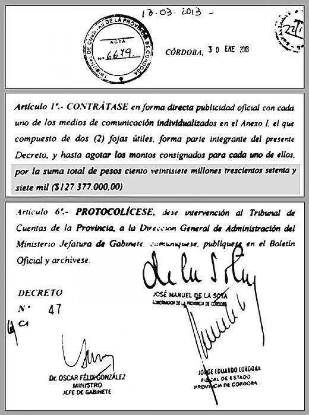 44 millones para publicidad fuera de C�rdoba (127 M en total)