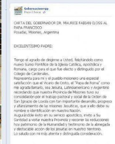 Closs le envi� una carta al papa Francisco y lo invit� a visitar Misiones