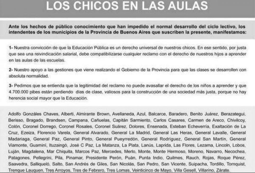 Huelga docente: fuerte respaldo de intendentes a Scioli