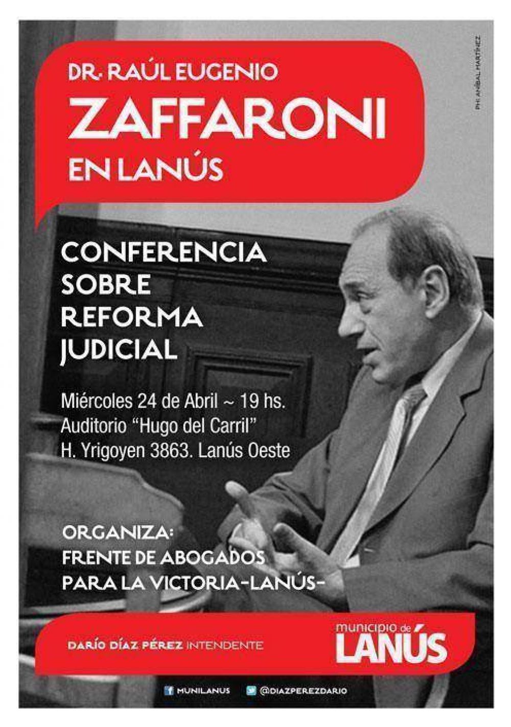 Lan�s: el Dr Ra�l Eugenio Zaffaroni disertar� en el Palacio Municipal